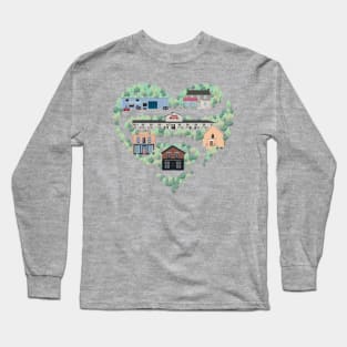 I Love the Town of Schitt's Creek, where everyone fits in. From the Rosebud Motel to Rose Apothecary, a drawing of the Schitt's Creek Buildings Long Sleeve T-Shirt